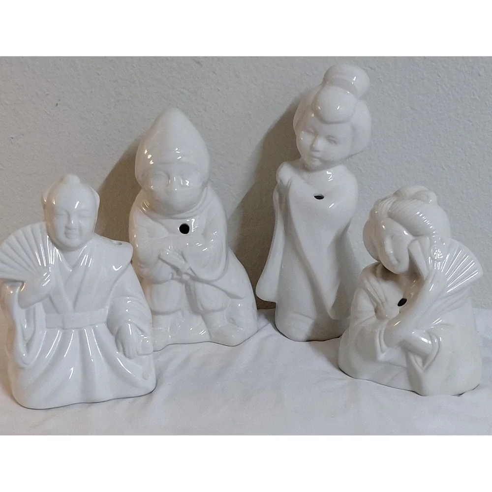 Vintage White Ceramic Tiki Mug Lot of 4 - Benihana Style Japanese Figurines
